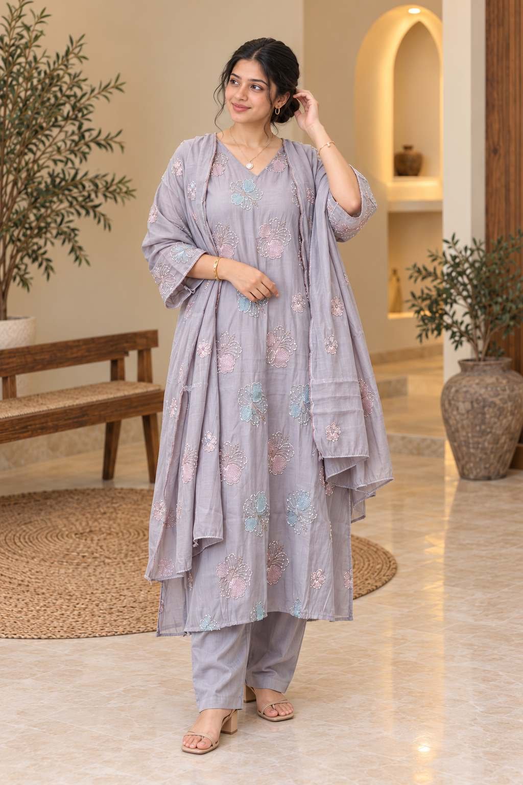 Lavender Floral Embroidered Suit Set – Hikma