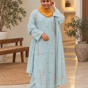 Sky Blue Floral Embroidered Kurta Set Hikma