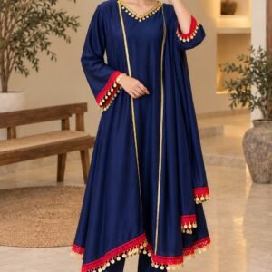 Navy Blue & Red Embellished Anarkali Suit Set – Hikma