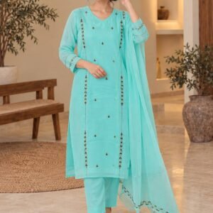 Aqua Blue Embroidered 3-Piece Kurta Set Hikma