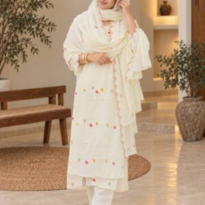 Ivory Floral Embroidered 3-Piece Kurta Set Hikma