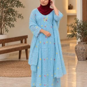 Sky Blue Floral Embroidered 3-Piece Kurta Set Hikma