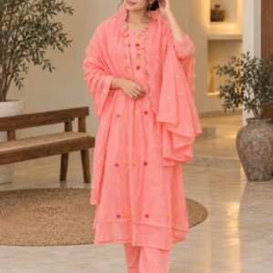 Coral Pink Embroidered Cotton Suit Set Hikma