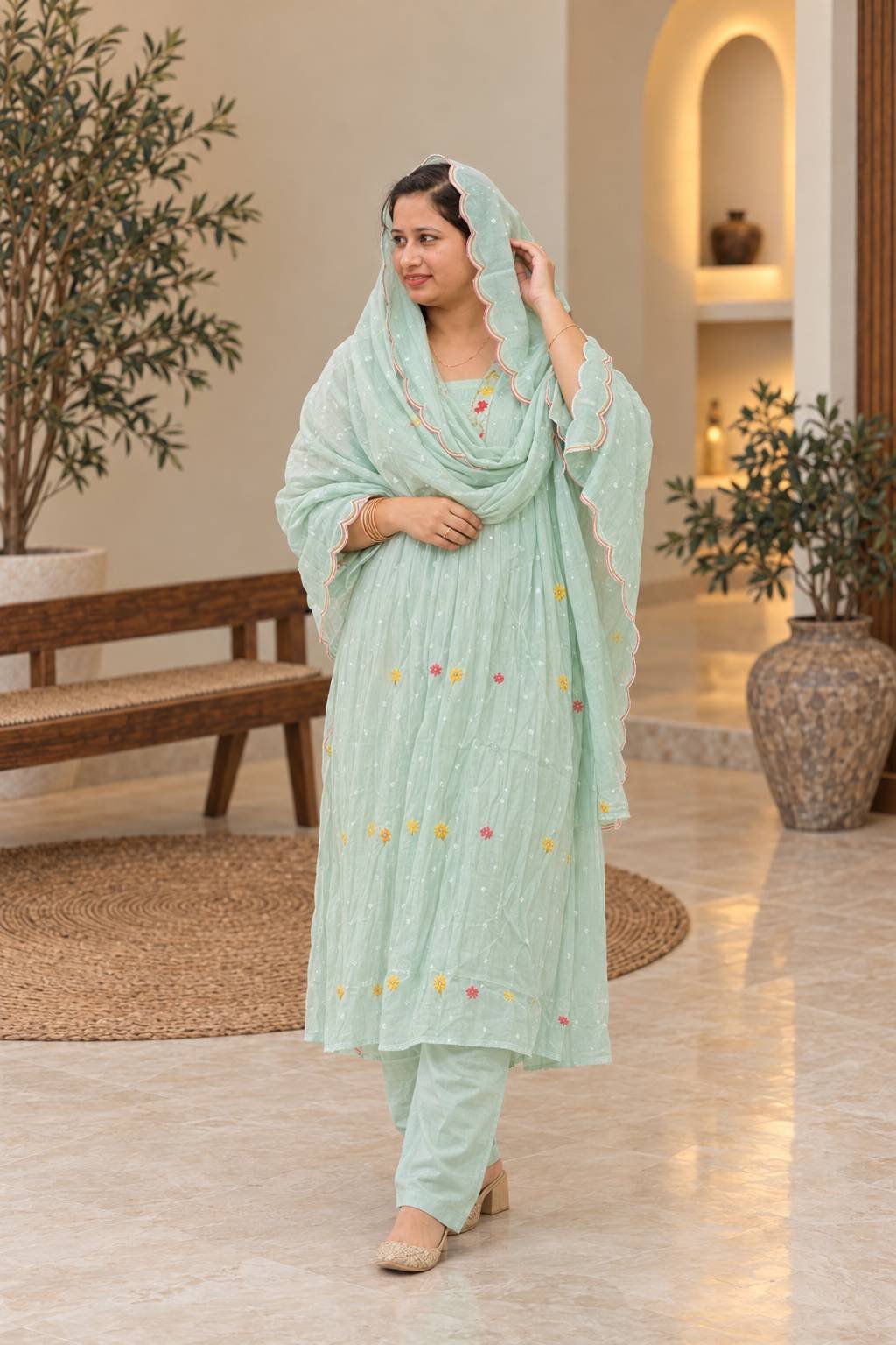 Mint Green Floral Embroidered Suit Set Hikma