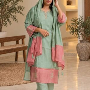 Sage Green & Pink Embroidered Suit Set Hikma