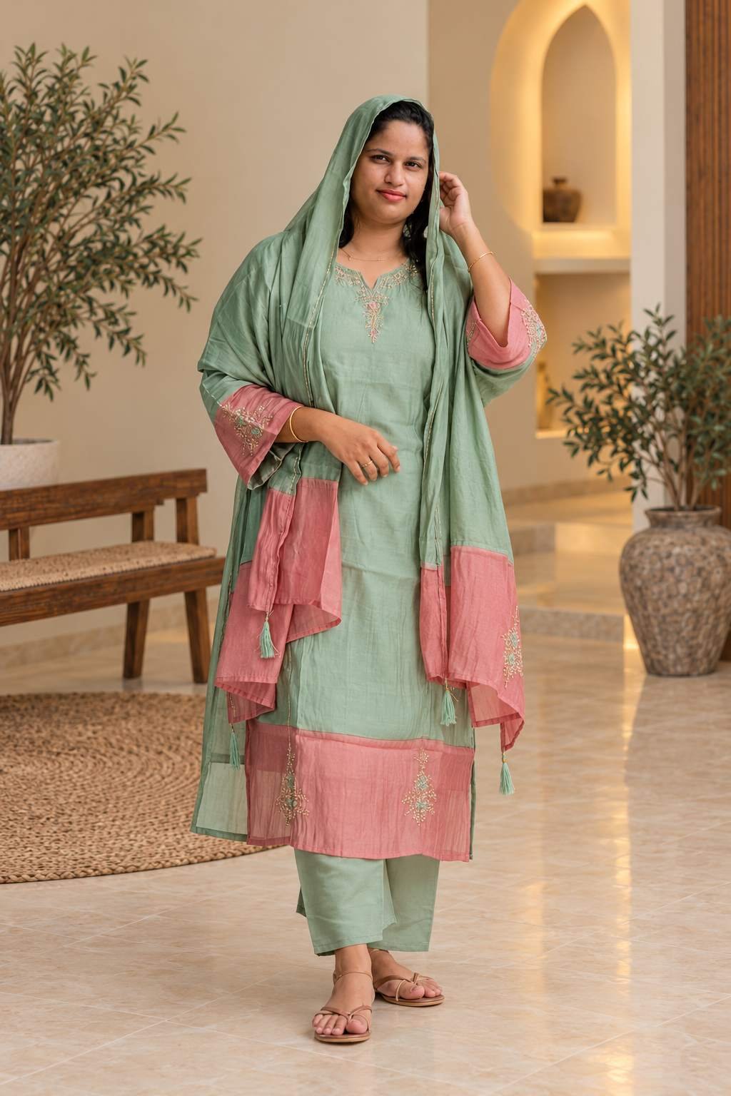 Sage Green & Pink Embroidered Suit Set Hikma
