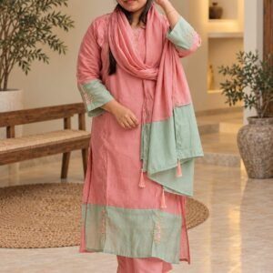 Pink & Mint Green Embroidered Suit Set Hikma