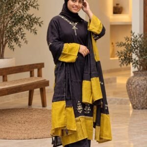Black & Mustard Embroidered 3-Piece Suit Hikma