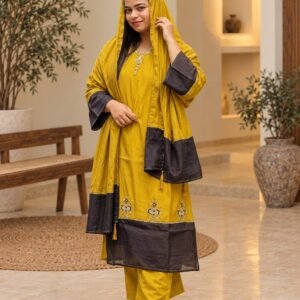 Mustard & Black Embroidered 3-Piece Suit Hikma