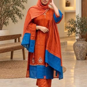 Rust Orange & Royal Blue Embroidered 3-Piece Suit Hikma