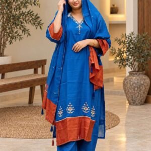 Royal Blue Rust Orange Embroidered Suit Set Hikma