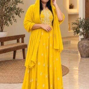 Bright Yellow Embroidered Anarkali Suit Set Hikma