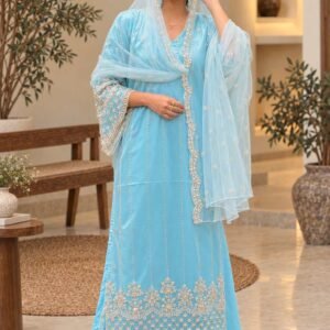 Sky Blue Customised Embroidered Anarkali Suit Hikma