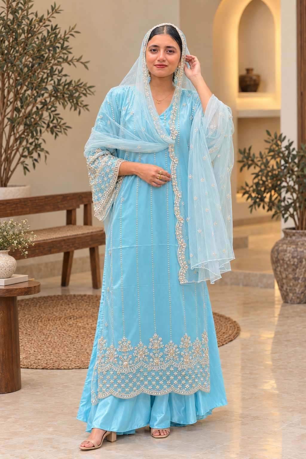 Sky Blue Customised Embroidered Anarkali Suit Hikma