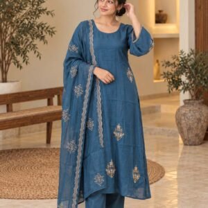 Denim Blue Embroidered Straight Suit Set – Hikma