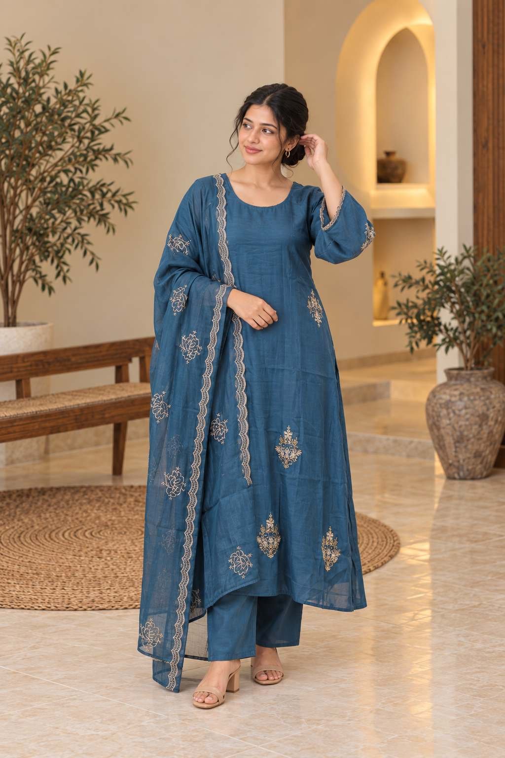 Denim Blue Embroidered Straight Suit Set – Hikma