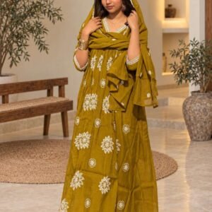 Olive Green Floral Printed Anarkali Suit Set – Hikma
