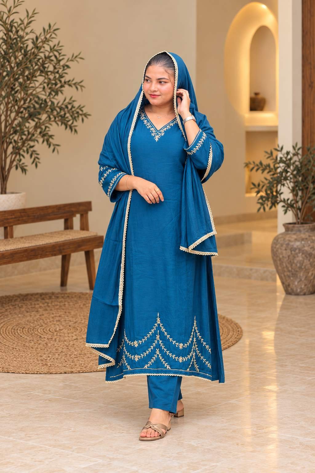 Teal Blue Embroidered Anarkali Suit Set – Hikma