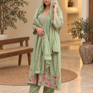 Pastel Green Floral Embroidered 3-Piece Suit Set Hikma