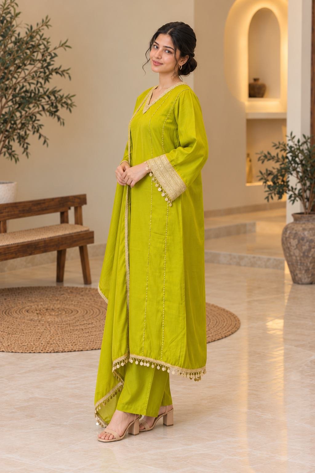 Lime Green Embellished Anarkali Suit Set – Hikma - Image 3