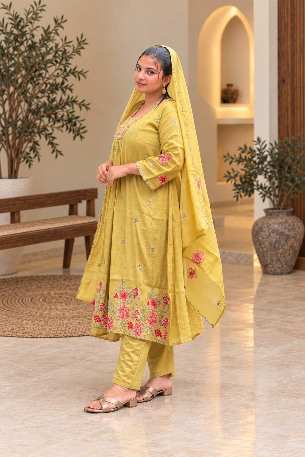 Mustard Yellow Floral Embroidered 3-Piece Suit Set Hikma - Image 3