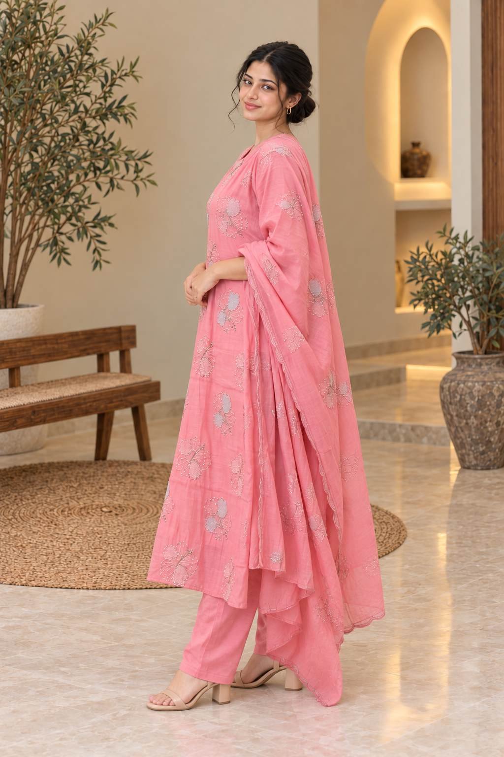 Pink Floral Embroidered Suit Set – Hikma - Image 3