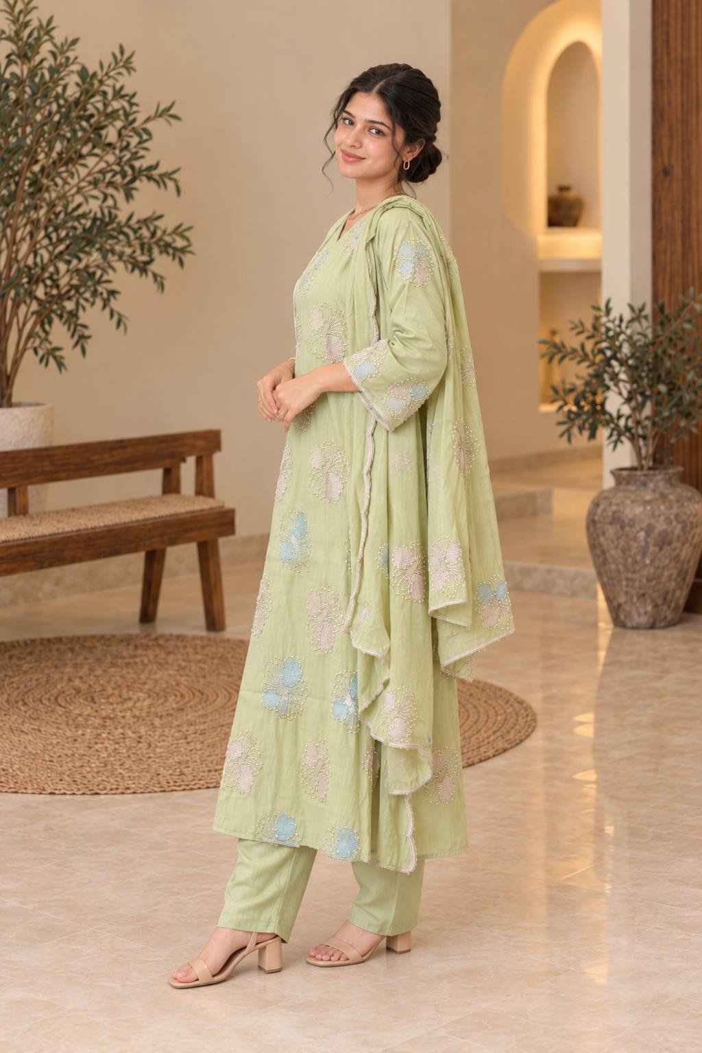 Pista Green Floral Embroidered Suit Set – Hikma - Image 2