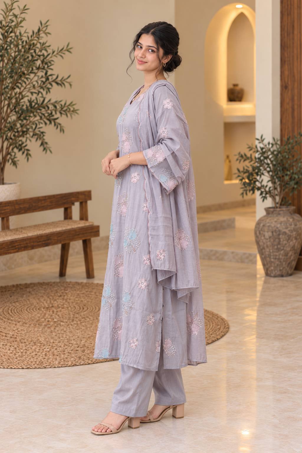 Lavender Floral Embroidered Suit Set – Hikma - Image 3