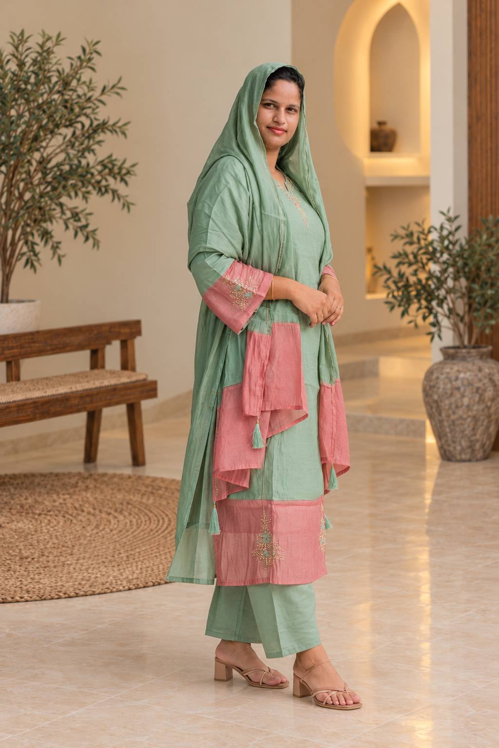 Sage Green & Pink Embroidered Suit Set Hikma - Image 2