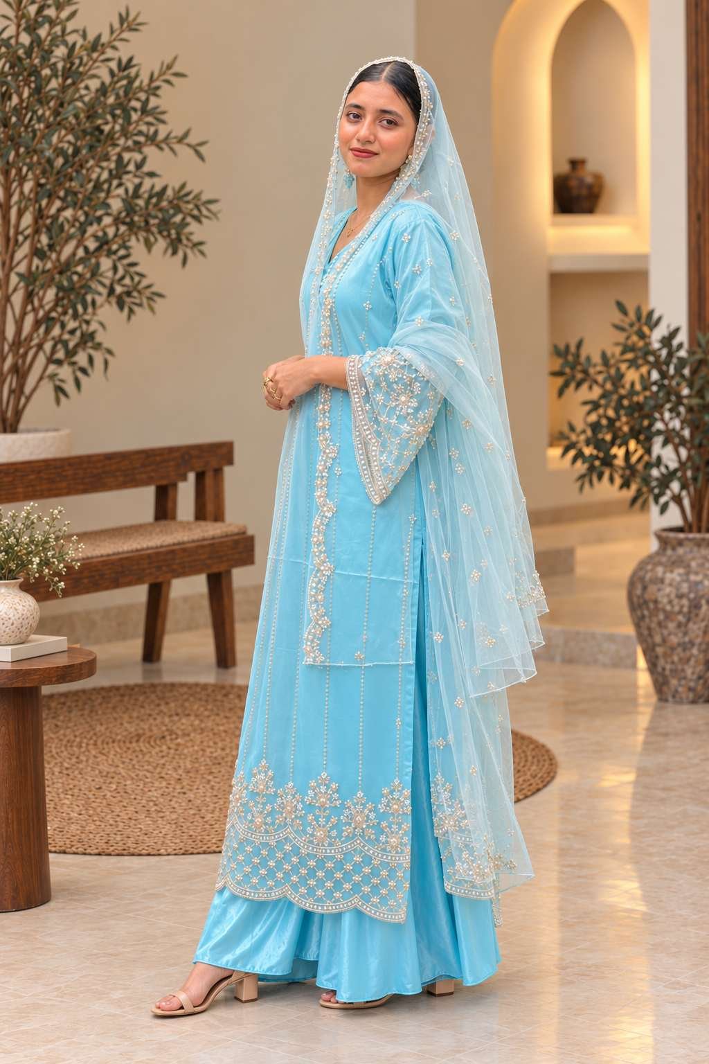 Sky Blue Customised Embroidered Anarkali Suit Hikma - Image 3
