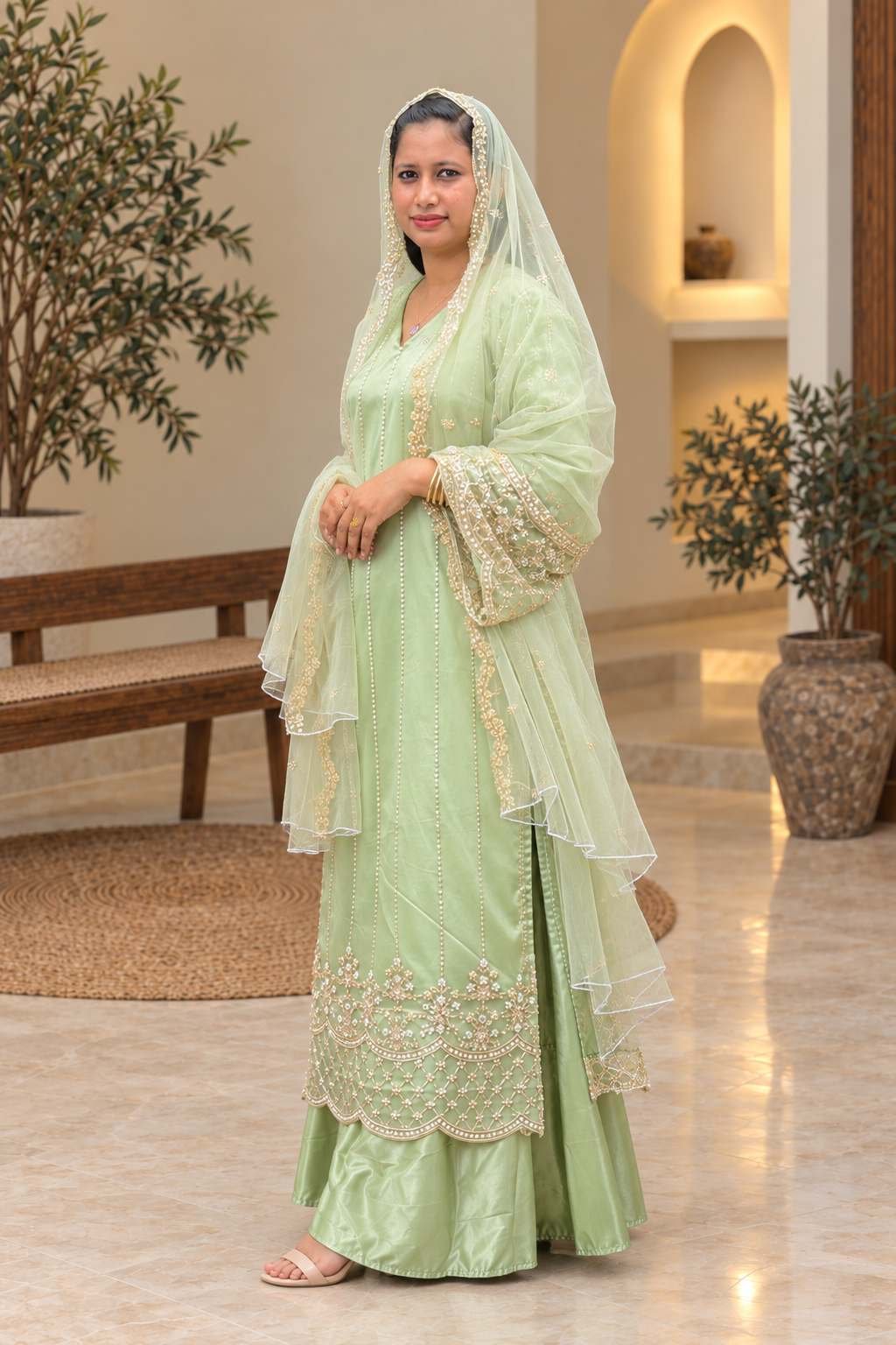 Pastel Green Embroidered Customised Anarkali Set – Hikma - Image 2