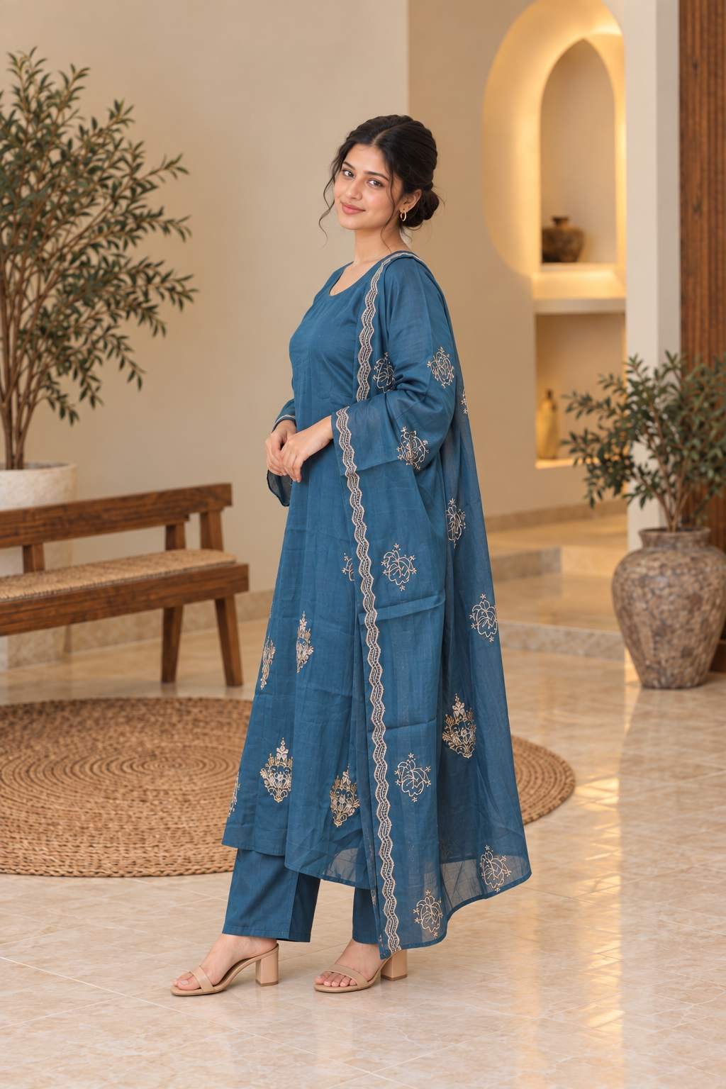Denim Blue Embroidered Straight Suit Set – Hikma - Image 3