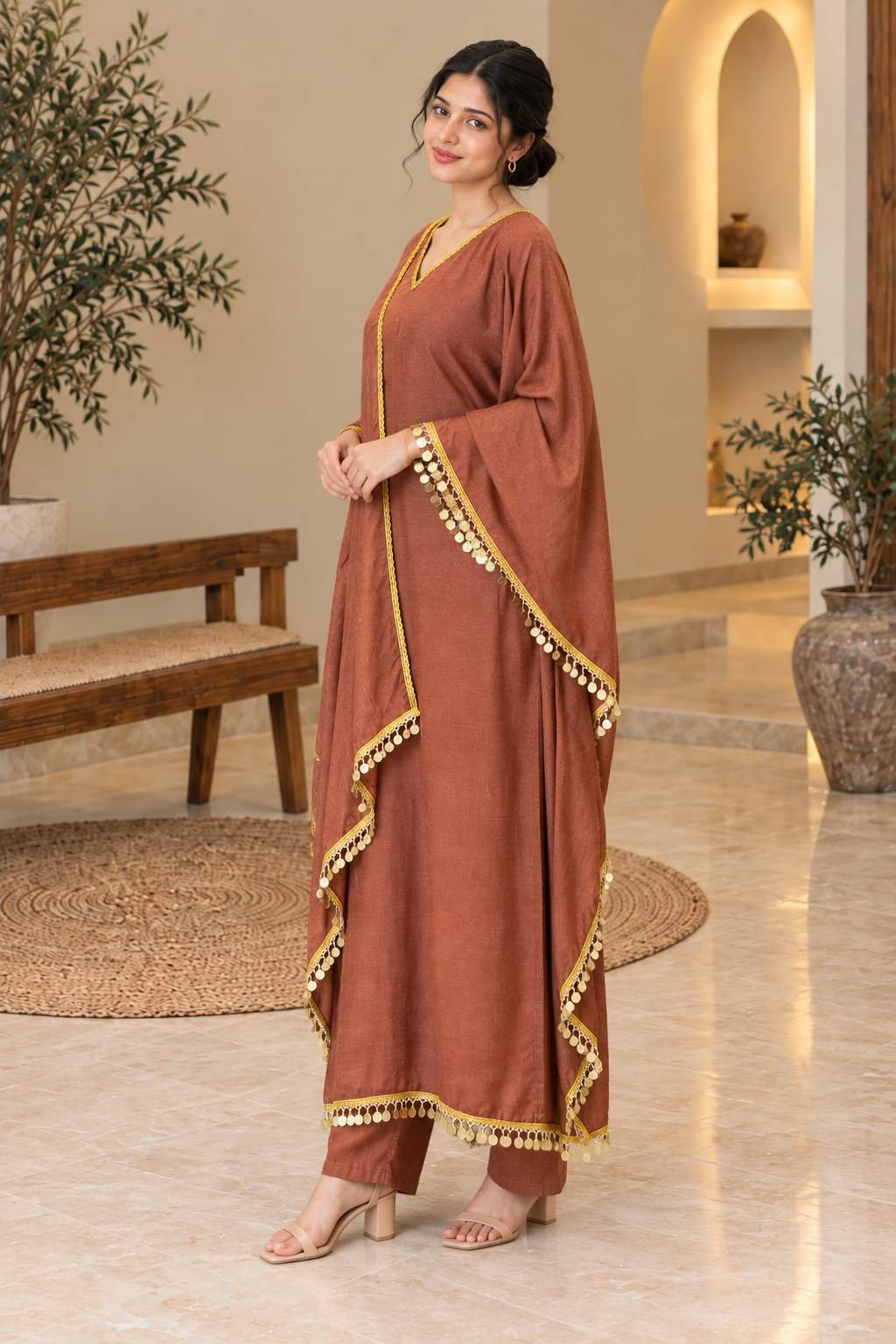 Mocha Brown Embellished Anarkali Suit Set – Hikma - Image 3