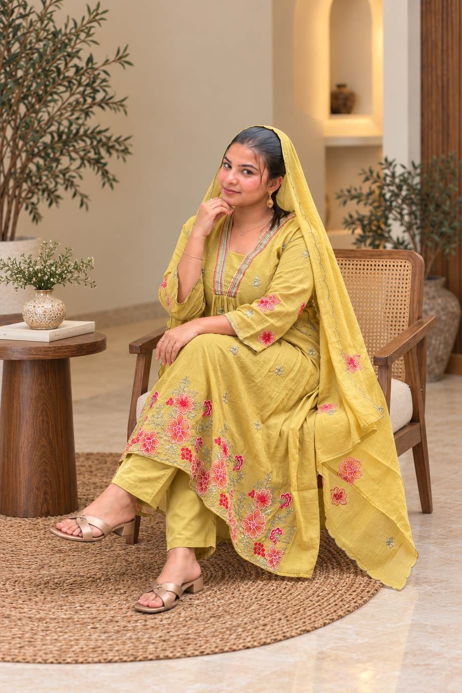 Mustard Yellow Floral Embroidered 3-Piece Suit Set Hikma - Image 2