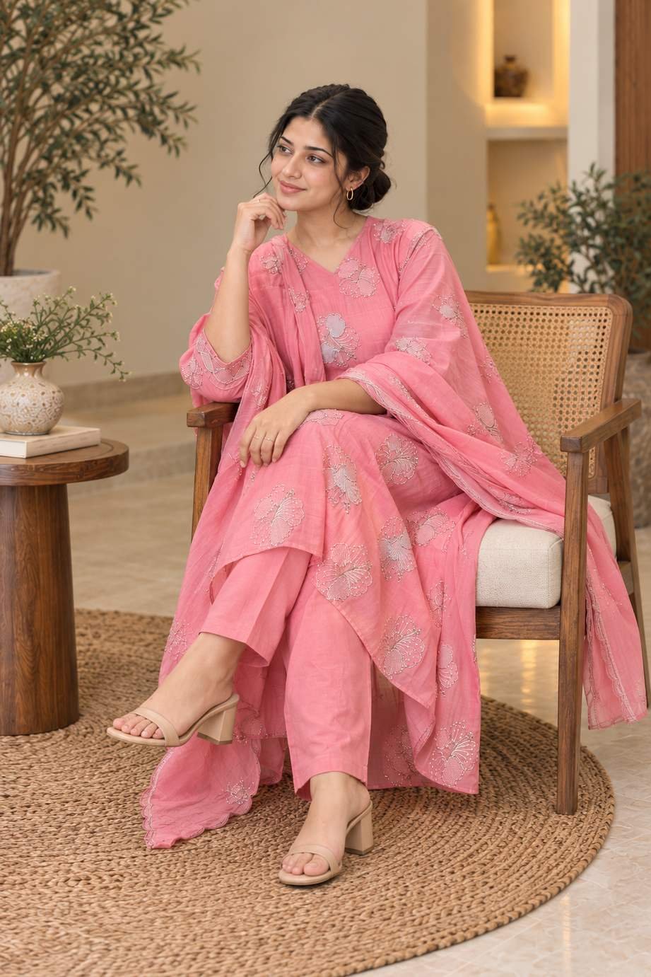 Pink Floral Embroidered Suit Set – Hikma - Image 2