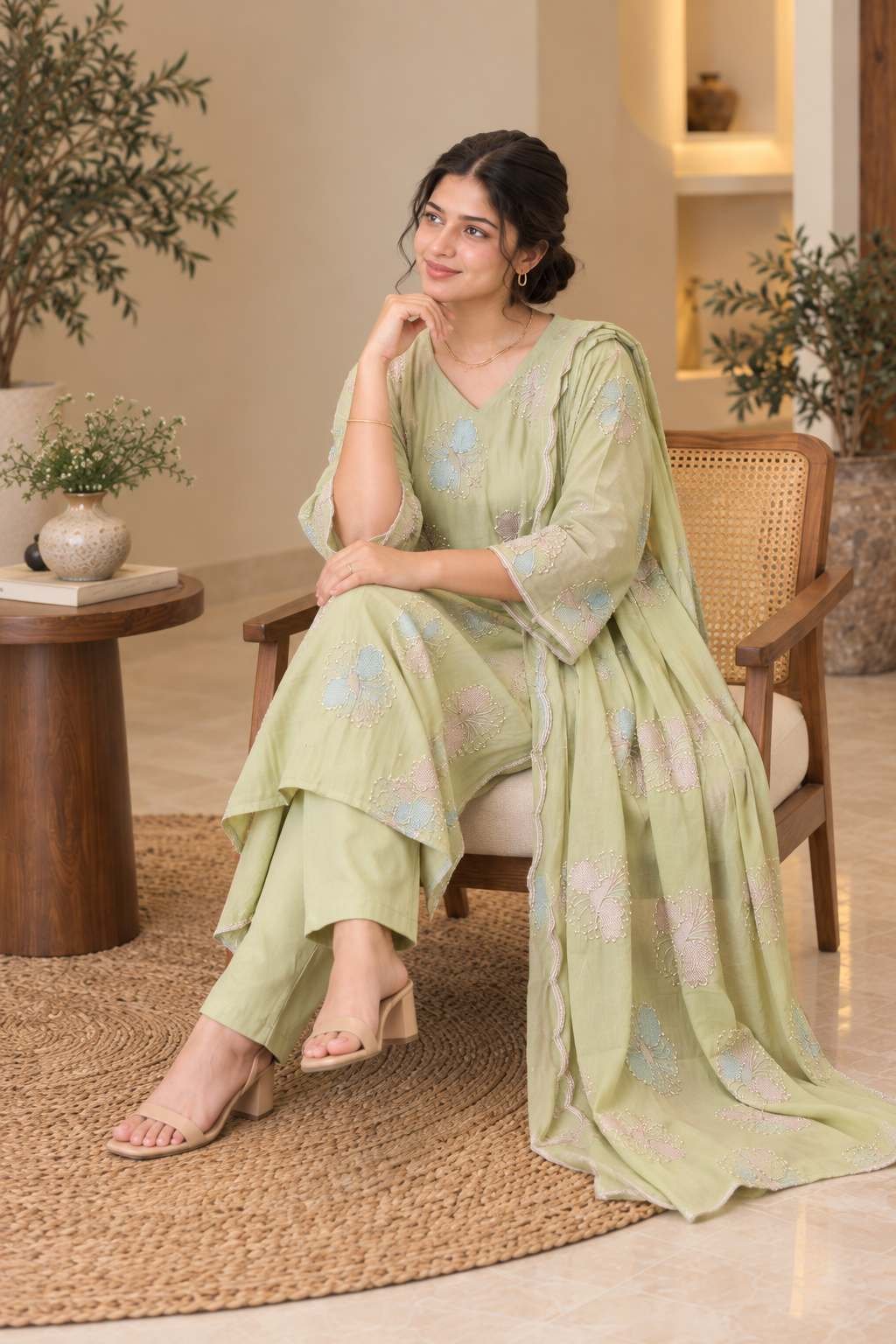 Pista Green Floral Embroidered Suit Set – Hikma - Image 4