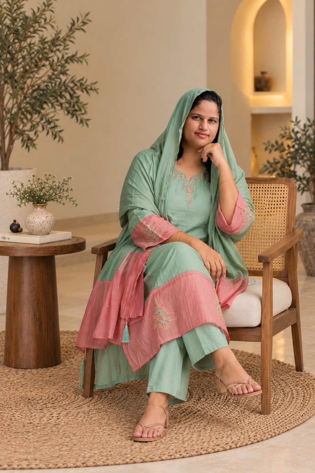 Sage Green & Pink Embroidered Suit Set Hikma - Image 4