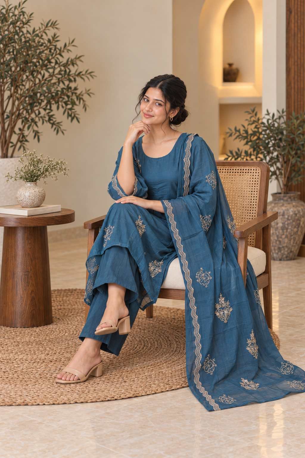 Denim Blue Embroidered Straight Suit Set – Hikma - Image 2