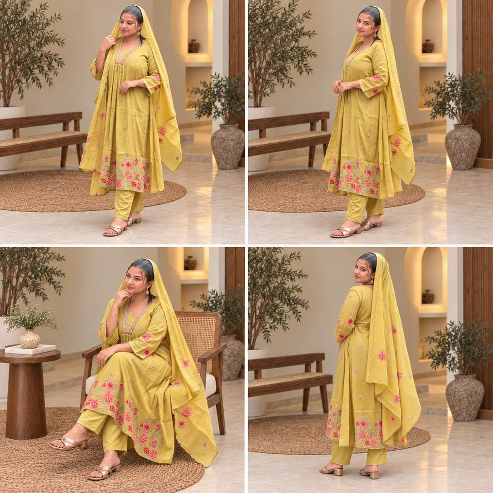 Mustard Yellow Floral Embroidered 3-Piece Suit Set Hikma - Image 4