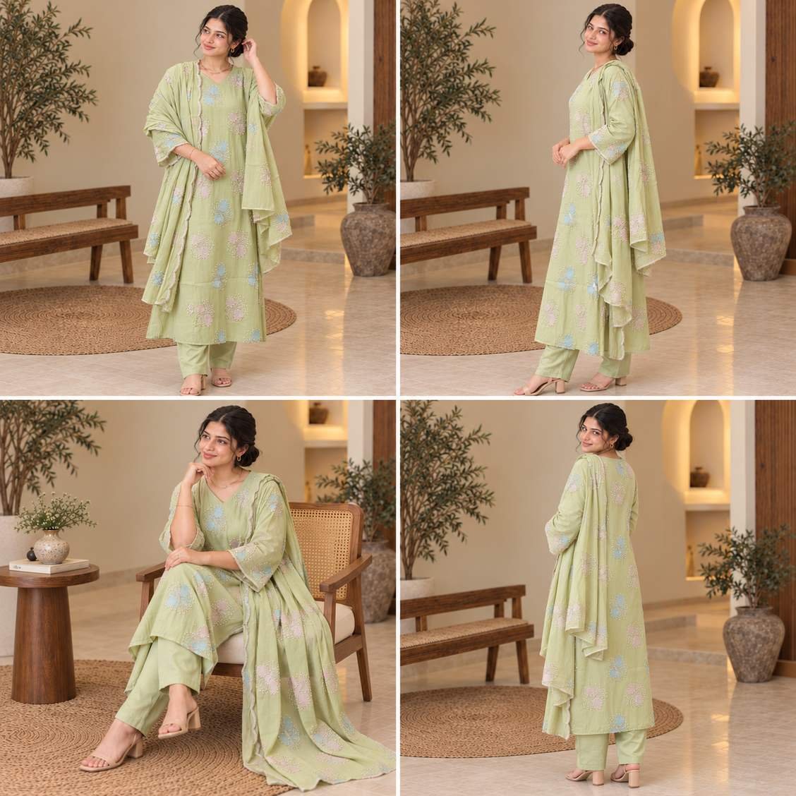 Pista Green Floral Embroidered Suit Set – Hikma - Image 3