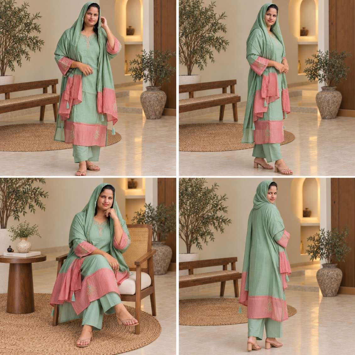 Sage Green & Pink Embroidered Suit Set Hikma - Image 3