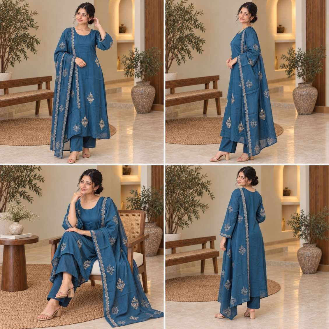 Denim Blue Embroidered Straight Suit Set – Hikma - Image 4